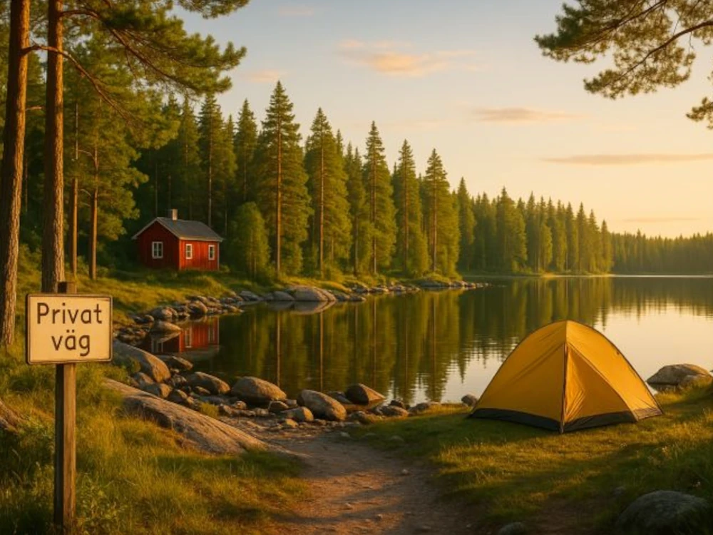 Tält och stuga vid sjö och skylt där det står privat väg