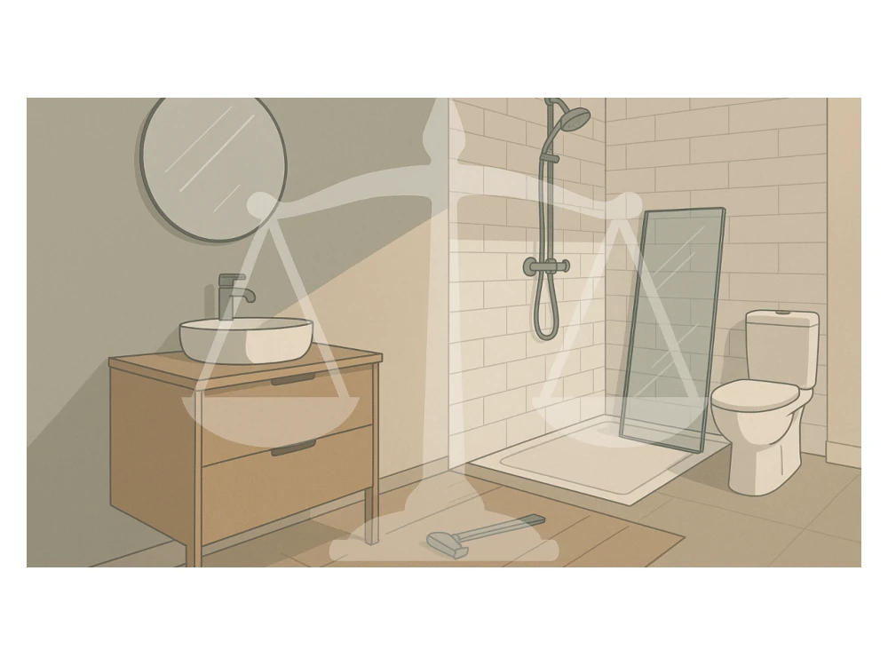 Halvfärdigt badrum med Justitias vågskål