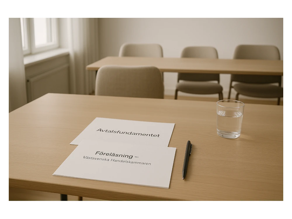 Bord med papper där det står Avtalsfundamentet och Föreläsning på Västsvenska Handelskammaren