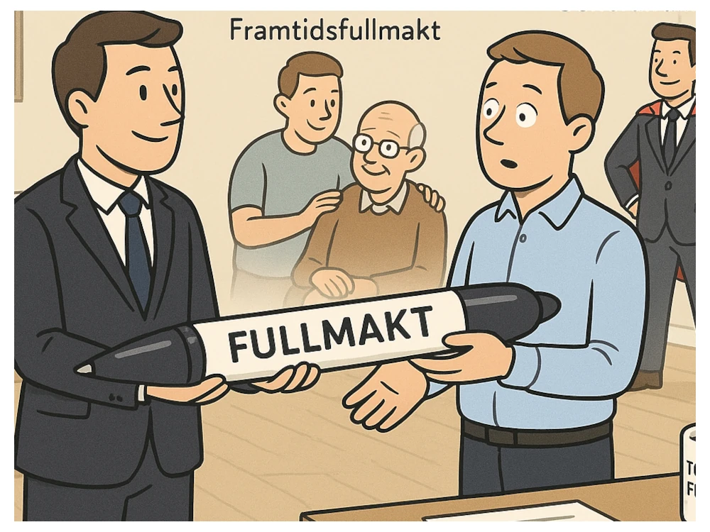 Tecknade personer överlämnar fullmakt