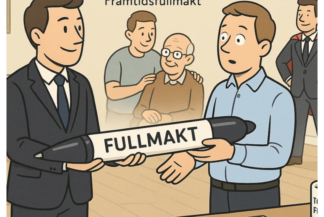 Tecknade personer överlämnar fullmakt