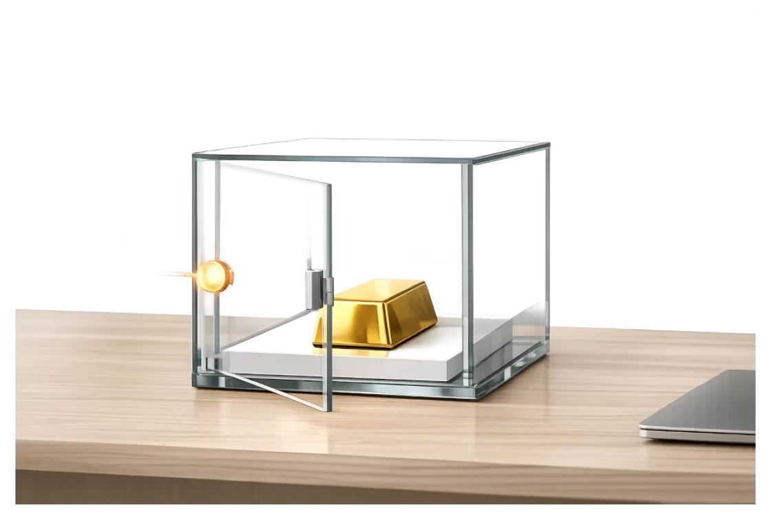 Äganderättsförbehåll - Guldtacka i glasskåp